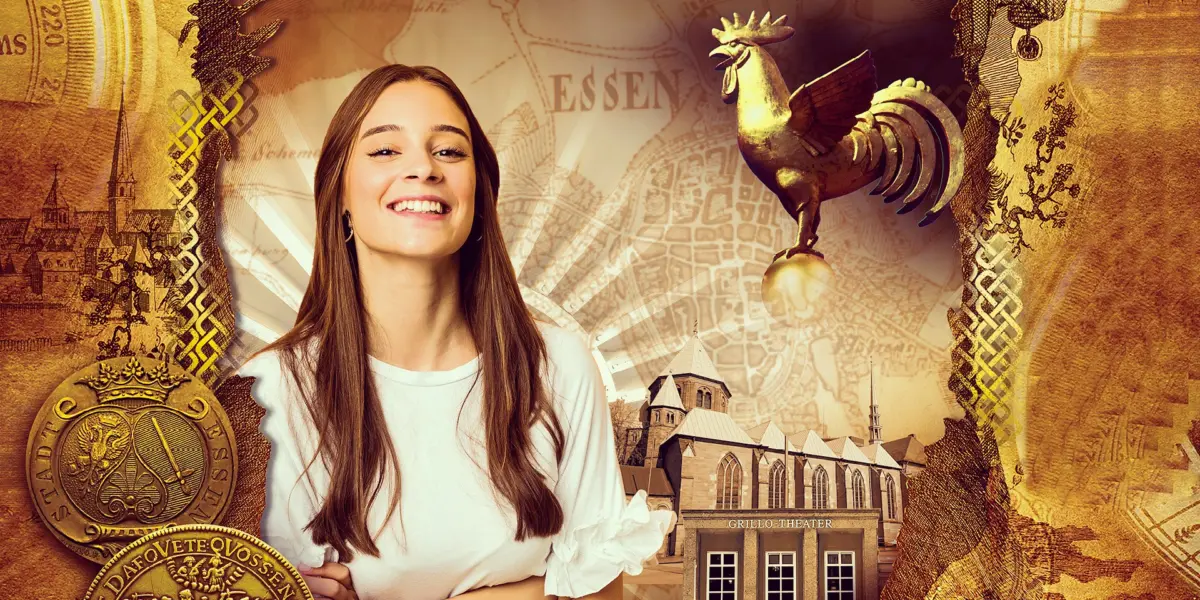 Junge Frau vor einer Collage aus altem Stadtplan, Stadtsiegel und dem goldenen Wachsamen Hähnchen