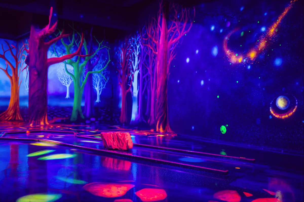 Minigolfbahn im Schwarzlicht mit leuchtenden Bäumen
