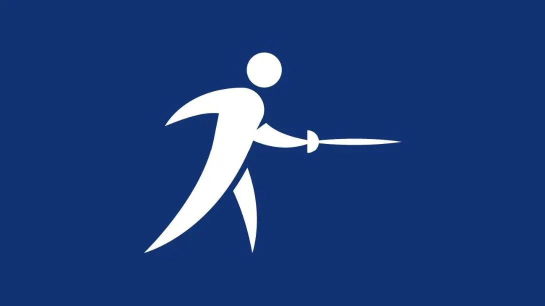 Stilisiertes Symbol eines Fechters auf blauem Hintergrund, das einen modernen Schwertkampf darstellt.
