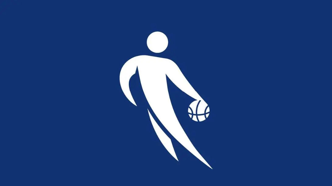 Ein stilisierter, weißer Basketballspieler auf blauem Hintergrund hält einen Basketball in der Hand.