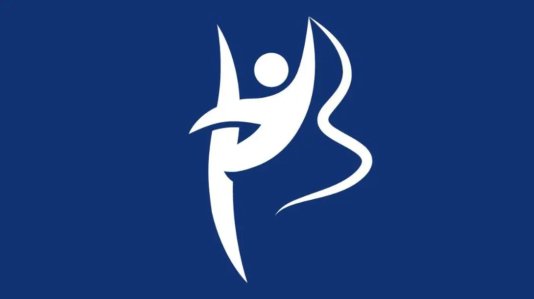 Weißes, dynamisches Logo einer stilisierten Person und einem geschwungenen B auf blauem Hintergrund.