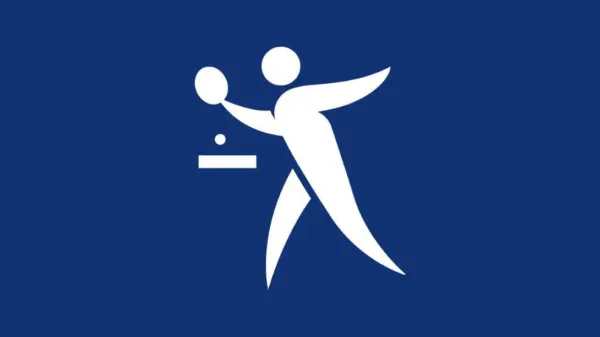 Symbol eines stilisierten, weißen Tischtennisspielers mit Ball und Tisch auf blauem Hintergrund.
