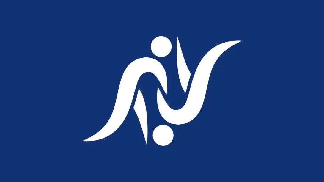 Weißes Judo-Piktogramm mit zwei stilisierten Figuren beim Wurf auf blauem Hintergrund.